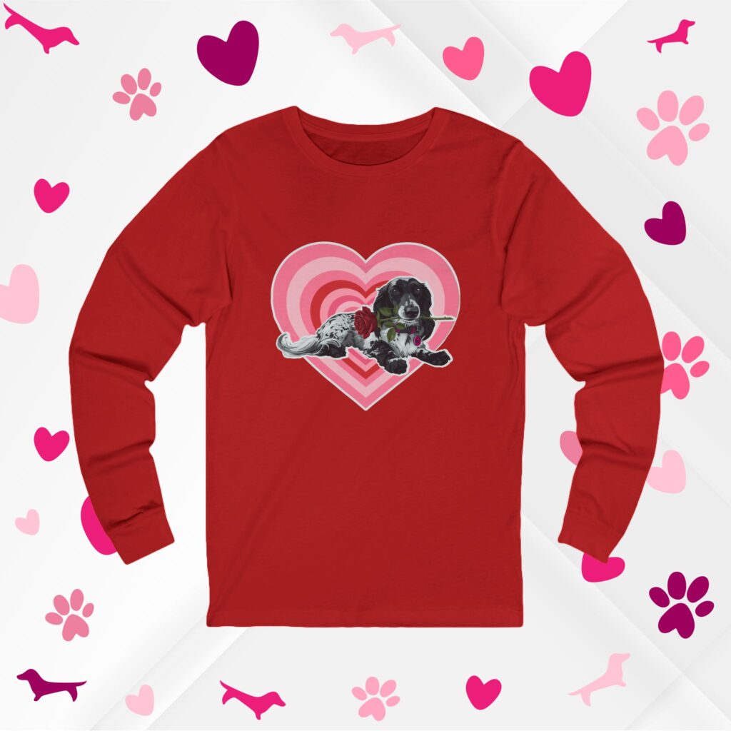 long sleeve red sweater with long-hair dapple dachshund holding rose with heart background