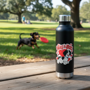 A black reusable water bottle sitting on a park bench featuring a Dachshund Hugs and Kisses sticker, with a dog playing in the background.