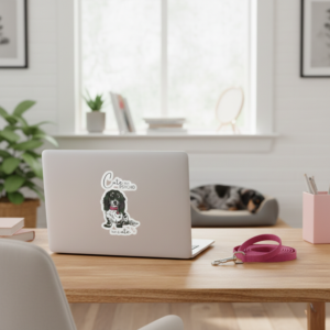 The "Cute but Psycho" dapple dachshund decal centered on the back of a silver laptop in a bright home office, with a dog bed and a pink leash visible on the desk.