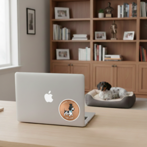 Product mockup of the Dachshund Penny sticker applied to the back of a silver laptop. The laptop sits on a wooden desk in a home office, with a dog bed and bookshelves visible in the background.