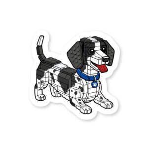 A kiss-cut vinyl sticker featuring a "brick-built" black and white dapple dachshund inspired by retro toy building blocks.