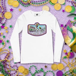 A white long-sleeve t-shirt featuring a "Weenies for Beads" Mardi Gras dachshund graphic in purple, green, and gold.