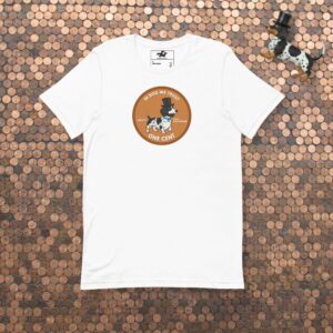 Front view of a white unisex t-shirt featuring a "Doxie Lincoln" copper penny graphic with a black and white piebald dachshund in a stovepipe hat.