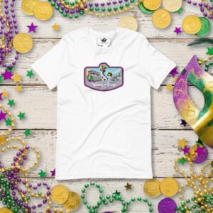A white unisex t-shirt featuring a "Weenies for Beads" Mardi Gras dachshund graphic in purple, green, and gold.