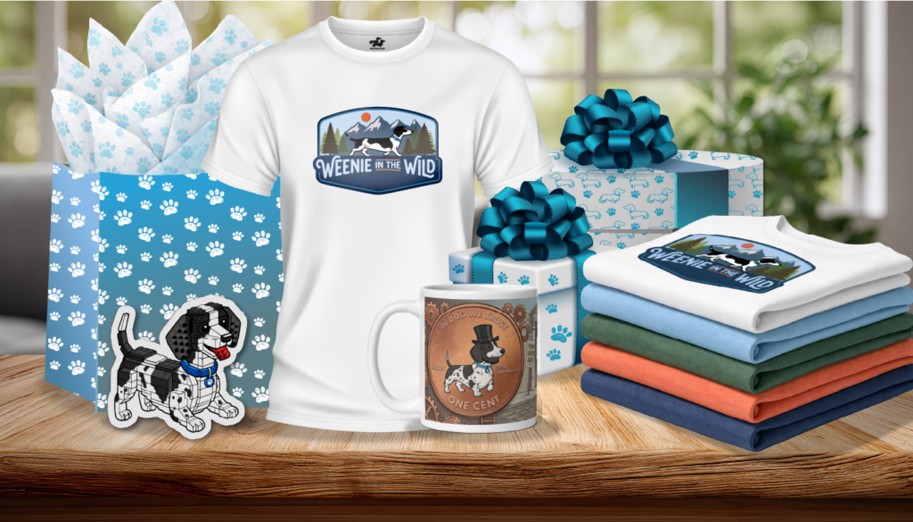 Artist-designed dapple and piebald dachshund gifts including shirts, mugs, and stickers.