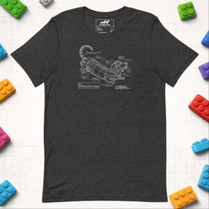 A dark heather grey t-shirt with a white technical building block dachshund sketch.