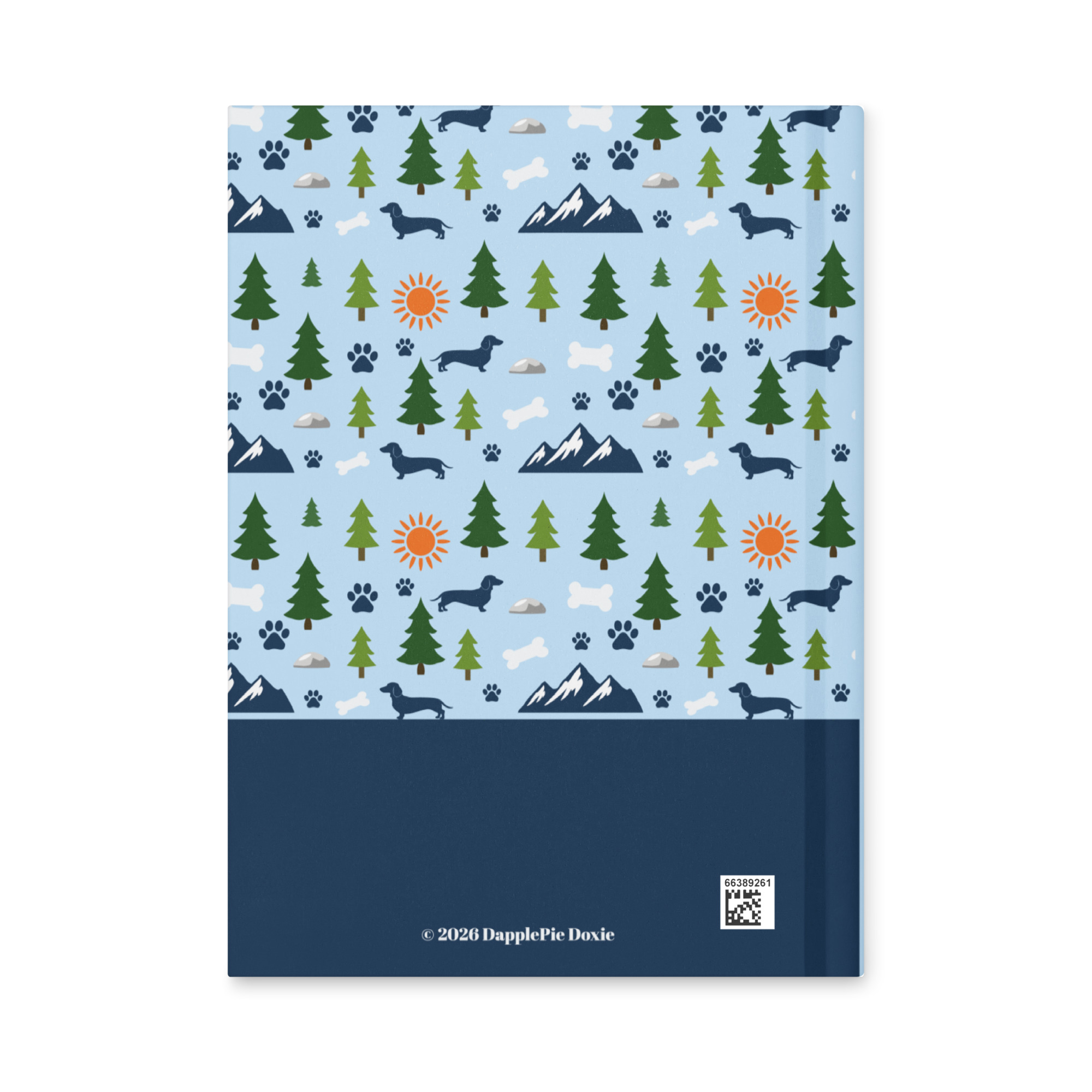 Back cover of the hardcover journal featuring a repeating outdoor pattern with dachshund silhouettes, pine trees, bones, and mountain peaks.