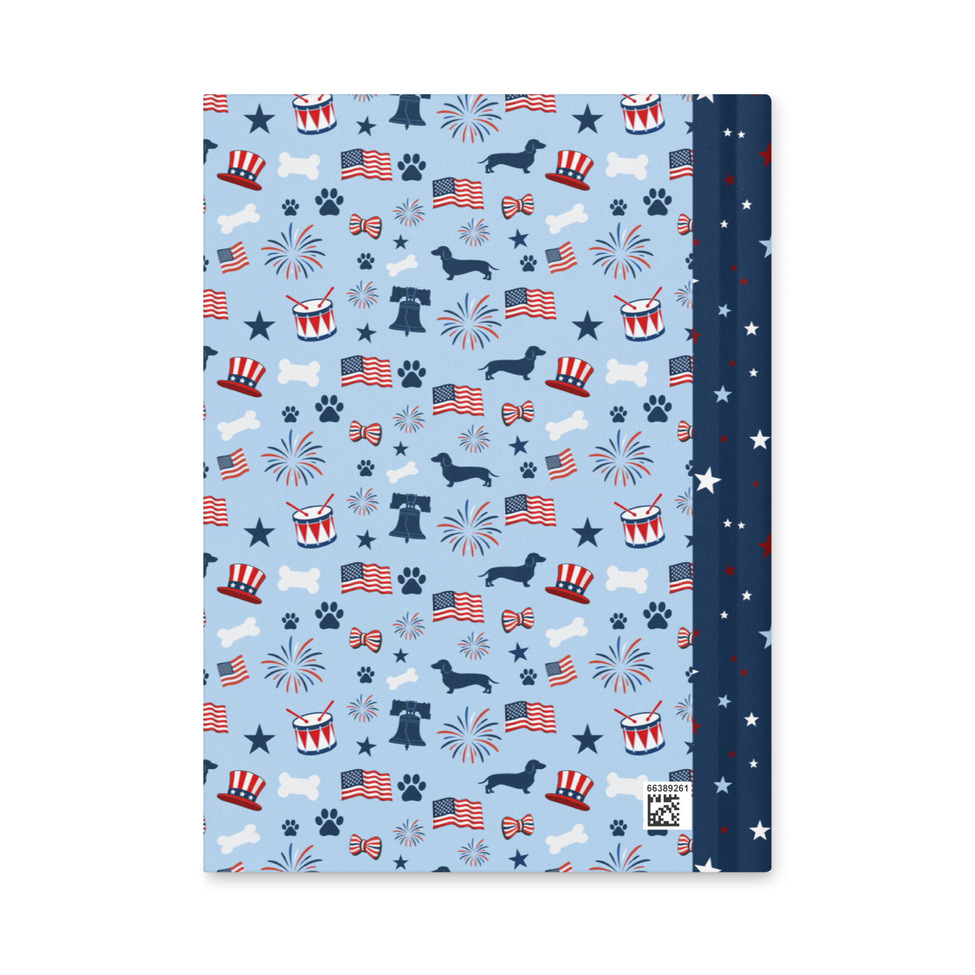 Back cover of the white America 250 Doxie Graphic Hardcover Journal, featuring a subtle, repeating watermark pattern of the celebratory Uncle Sam dachshund graphic across the clean white surface.
