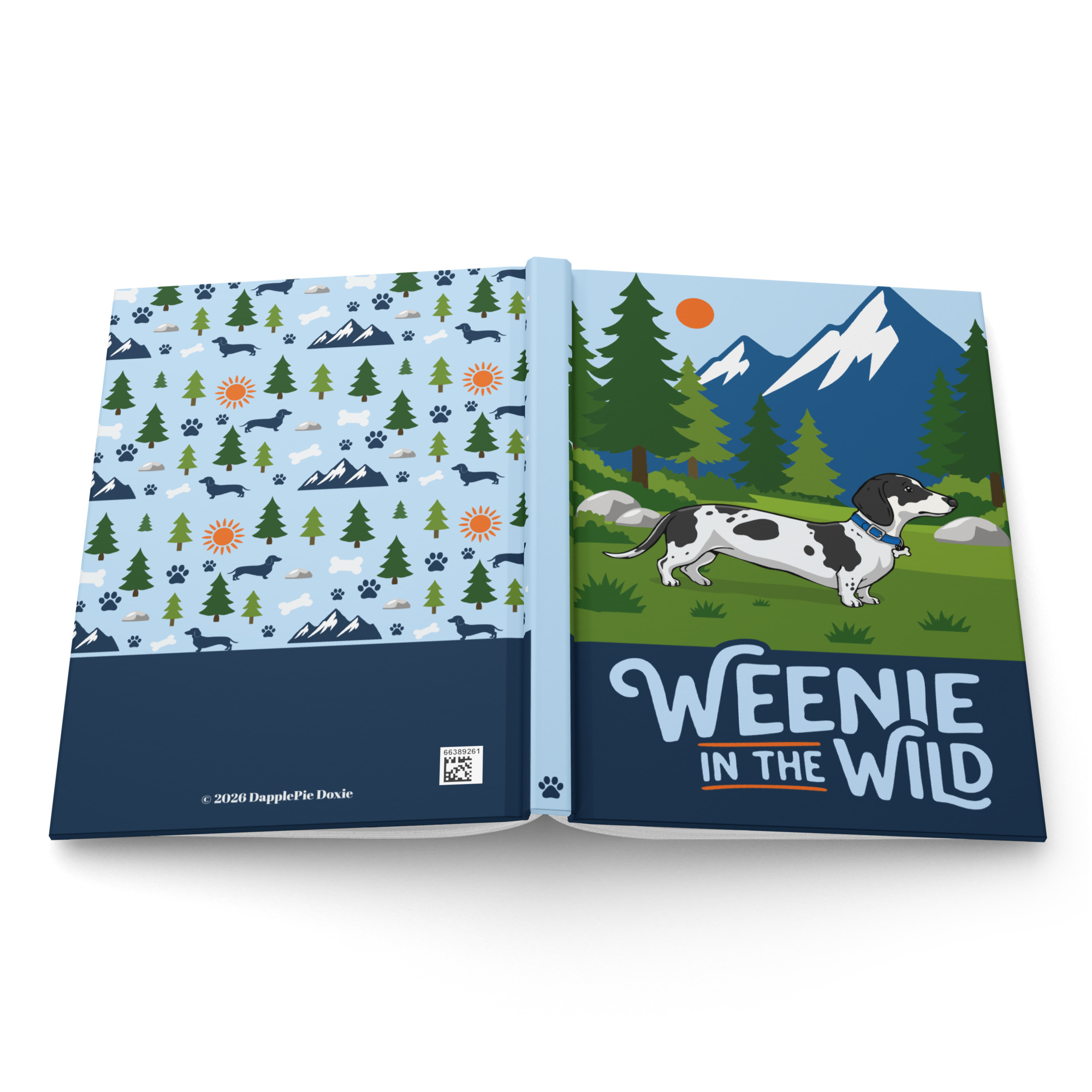 Full casewrap display of the dapple dachshund journal showing the illustrated landscape front cover, flexible spine, and seamless pattern back cover.