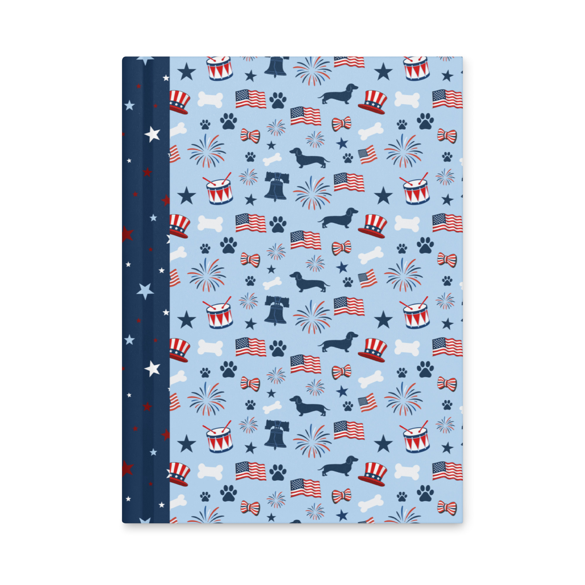 Close-up front view of the hardcover journal, capturing the rich, detailed colors of the Uncle Sam dachshund illustration against the crisp white matte surface and the distinct dark navy blue spine.