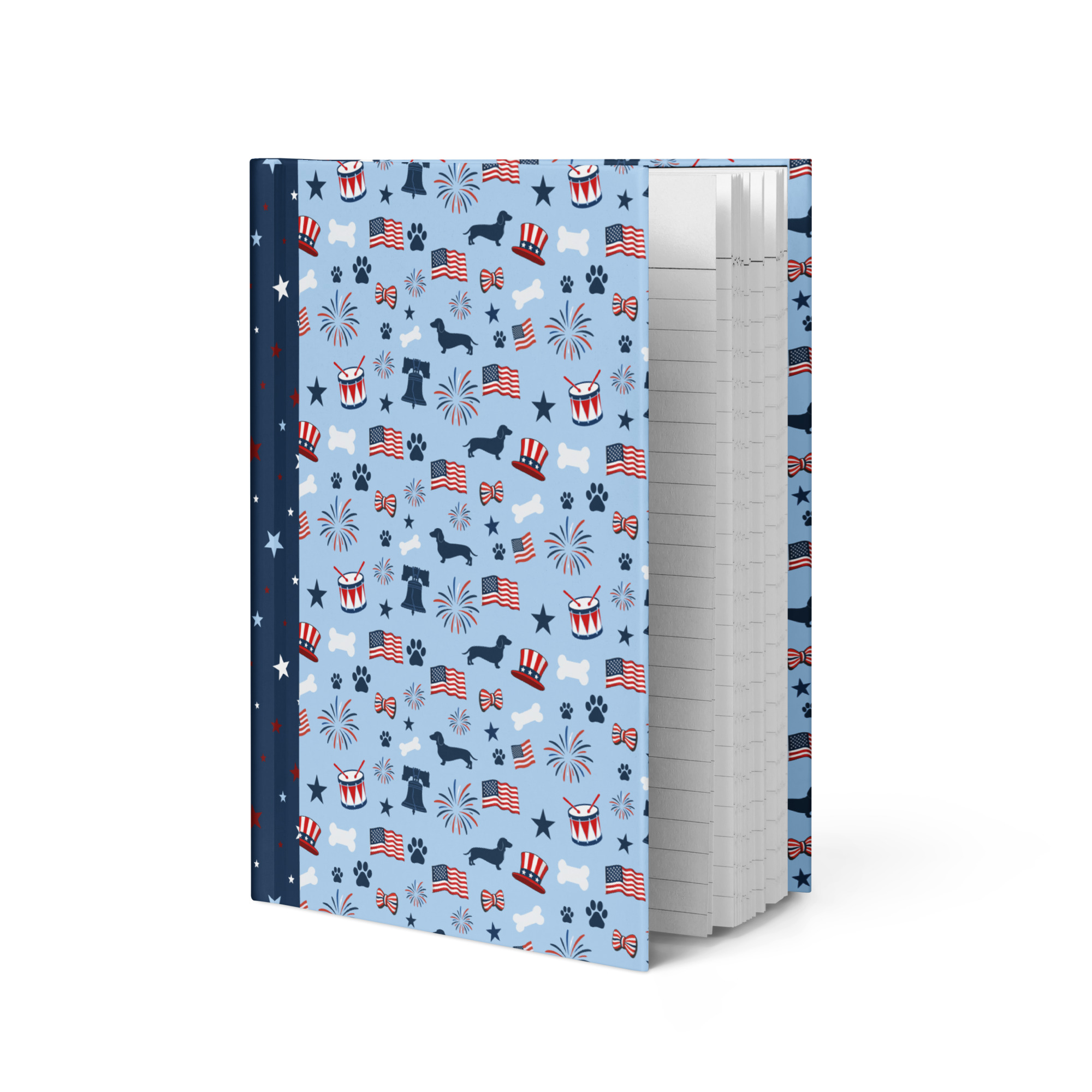 Front cover of the white journal, showcasing the full vertical extent of the casewrap binding and the patriotic dachshund illustration, complete with the flexible sewn spine.