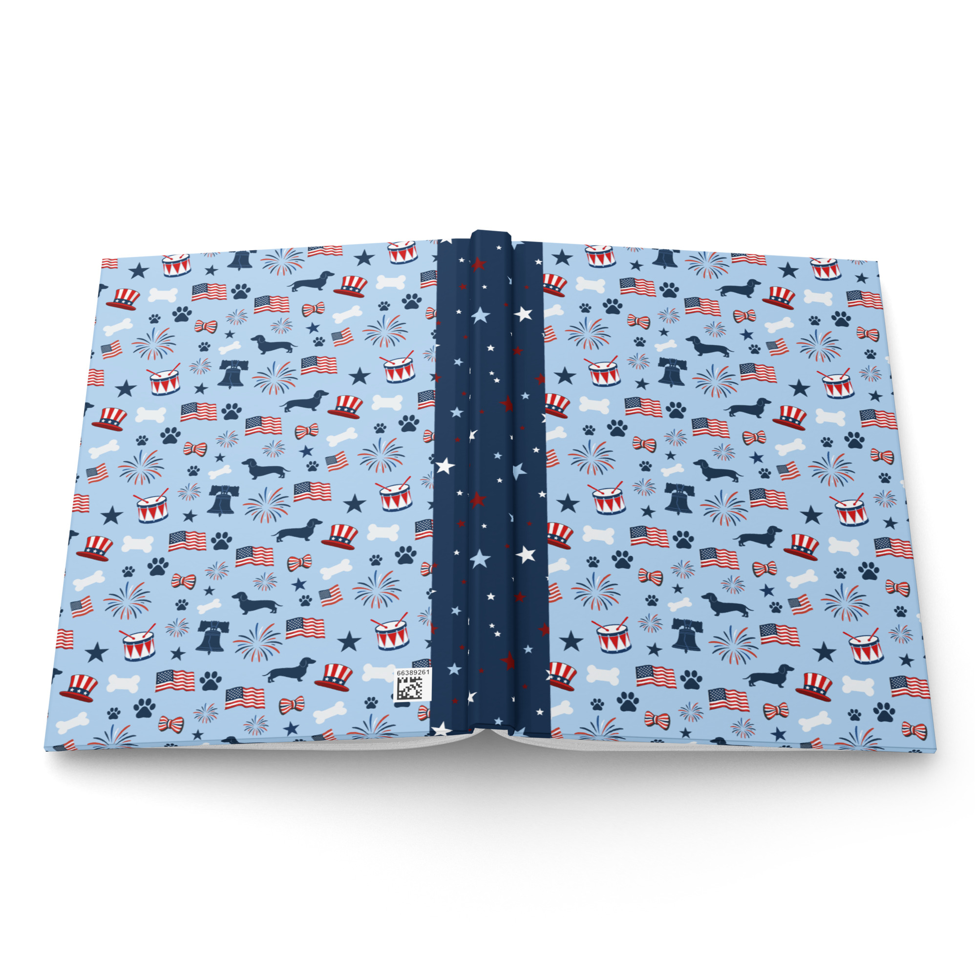 Slightly angled view of the front cover of the America 250 Doxie journal, highlighting the smooth matte finish and the colorful central dachshund graphic against the white background.