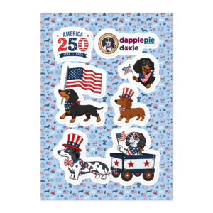 Full digital graphic view of the America 250 patriotic dachshund kiss-cut sticker sheet showcasing festive dogs, flags, and the DapplePie Doxie logo against a patterned blue background.
