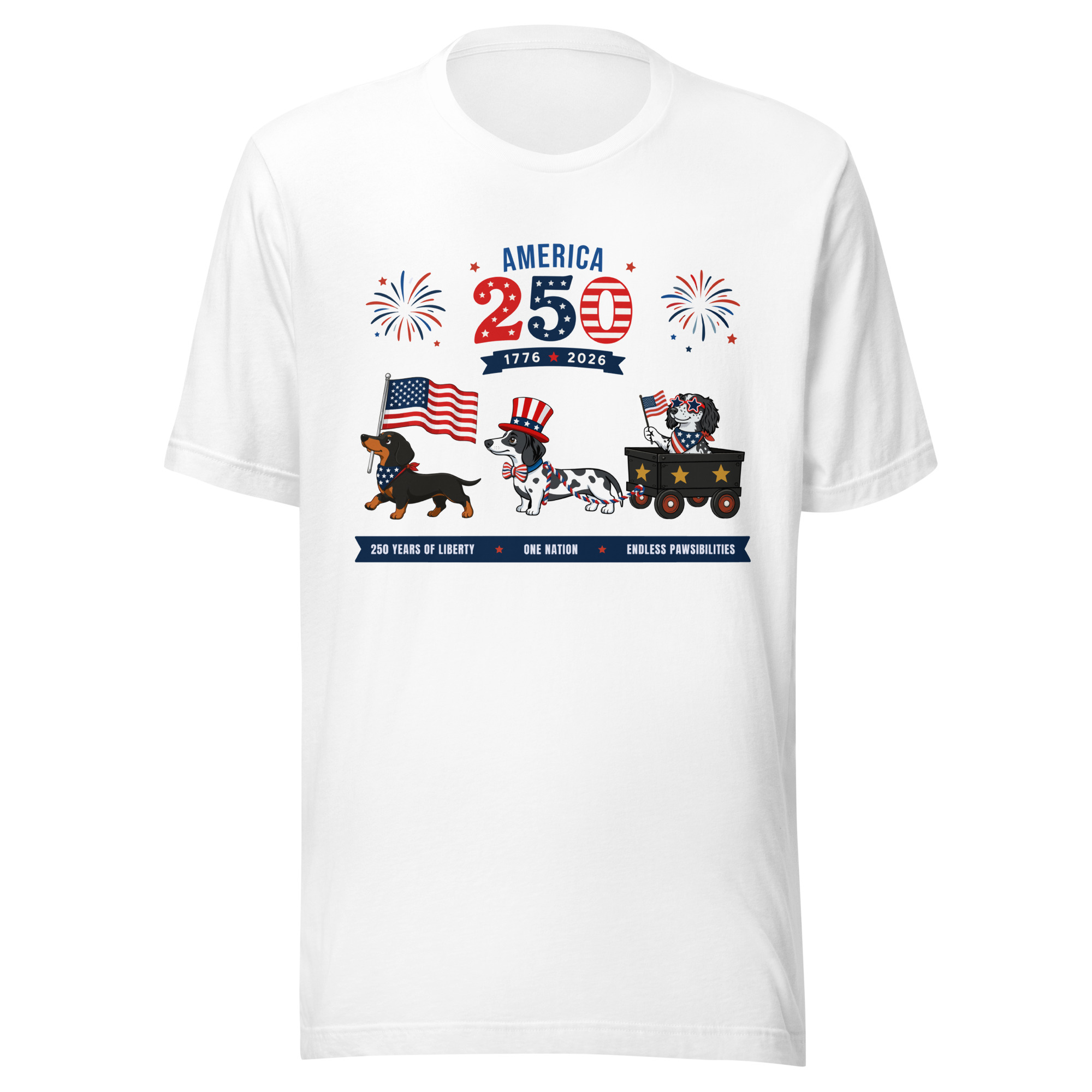 Patriotic America 250 dachshund t-shirt design with fireworks, flags, 1776-2026, and red white and blue Doxies