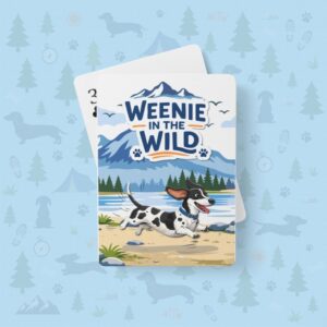A playing card featuring the "Weenie in the Wild" design with a black and white piebald dachshund running by a mountain lake, layered directly over another card to reveal the top left index. The cards are centered against a light blue graphic backdrop.